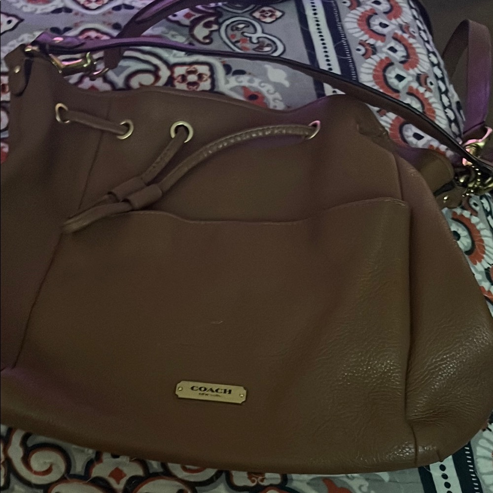 Brown Canvas Shoulder Bag with Gold Accents